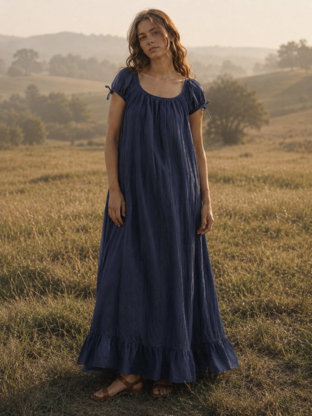 LOTTE.99 Blue Puff Sleeve Cotton Maxi Dress Cottagecore Prairie